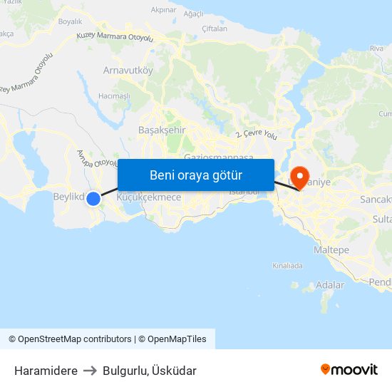 Haramidere to Bulgurlu, Üsküdar map