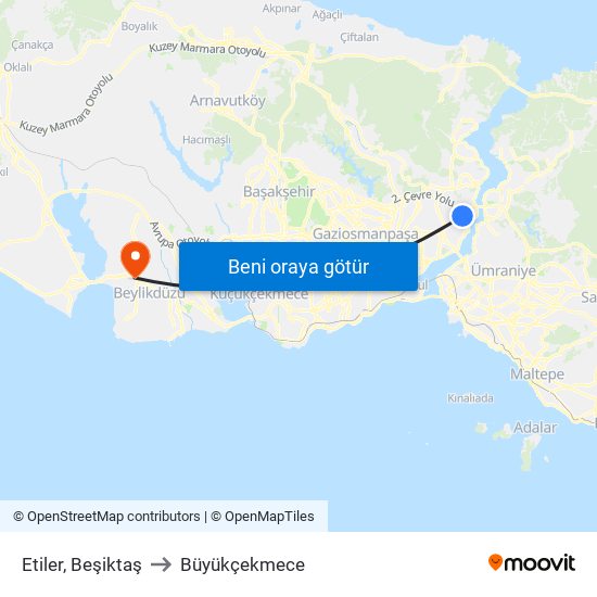 Etiler, Beşiktaş to Büyükçekmece map