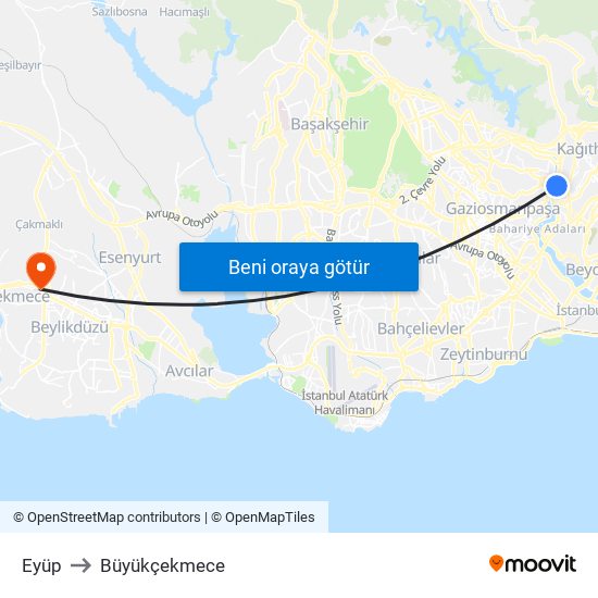 Eyüp to Büyükçekmece map