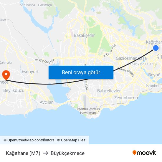 Kağıthane (M7) to Büyükçekmece map