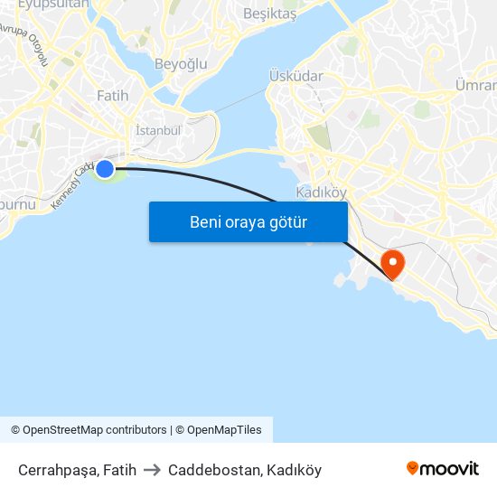 Cerrahpaşa, Fatih to Caddebostan, Kadıköy map