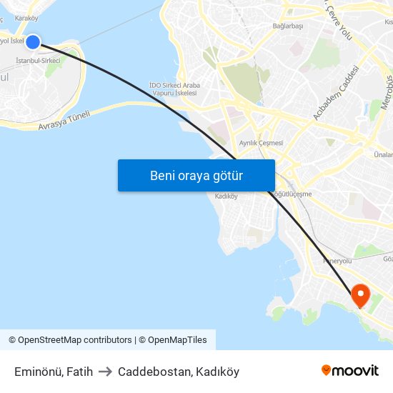 Eminönü, Fatih to Caddebostan, Kadıköy map