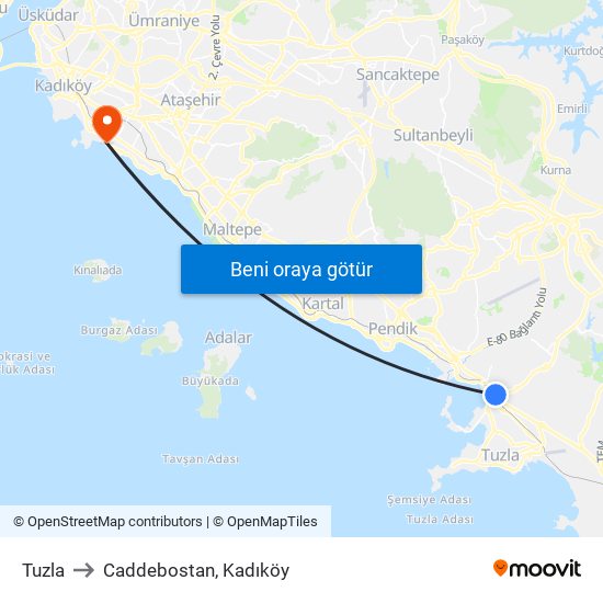 Tuzla to Caddebostan, Kadıköy map