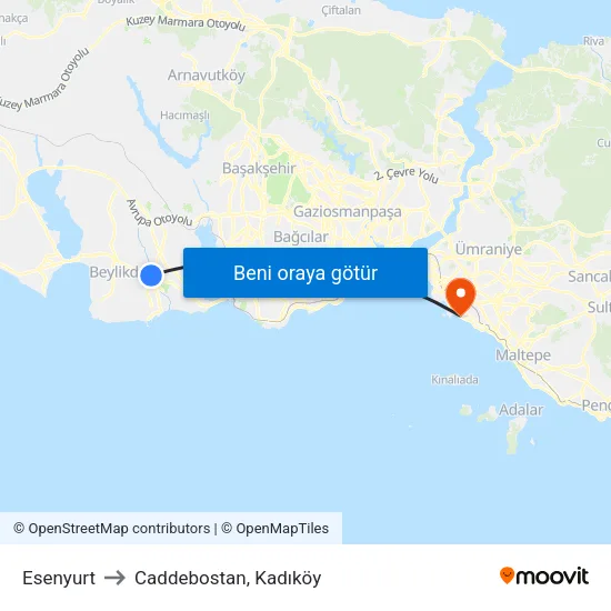Esenyurt to Caddebostan, Kadıköy map