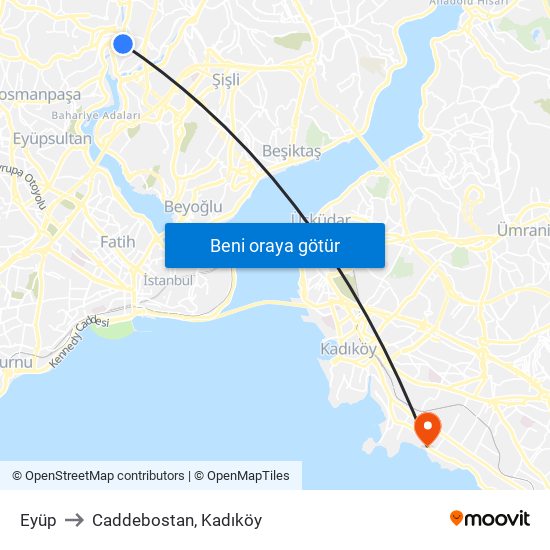 Eyüp to Caddebostan, Kadıköy map