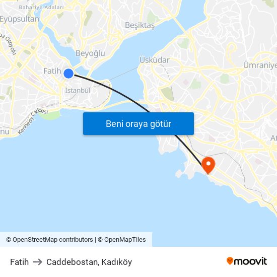 Fatih to Caddebostan, Kadıköy map