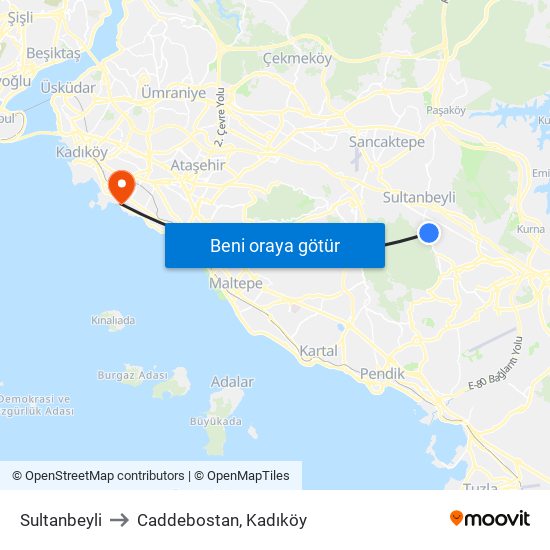 Sultanbeyli to Caddebostan, Kadıköy map