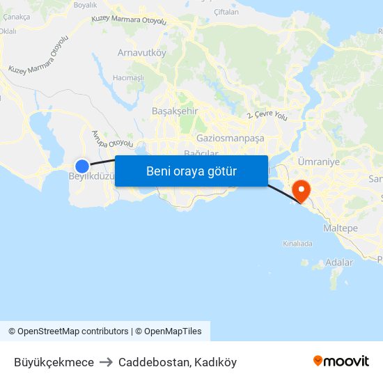 Büyükçekmece to Caddebostan, Kadıköy map