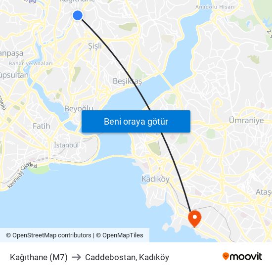 Kağıthane (M7) to Caddebostan, Kadıköy map