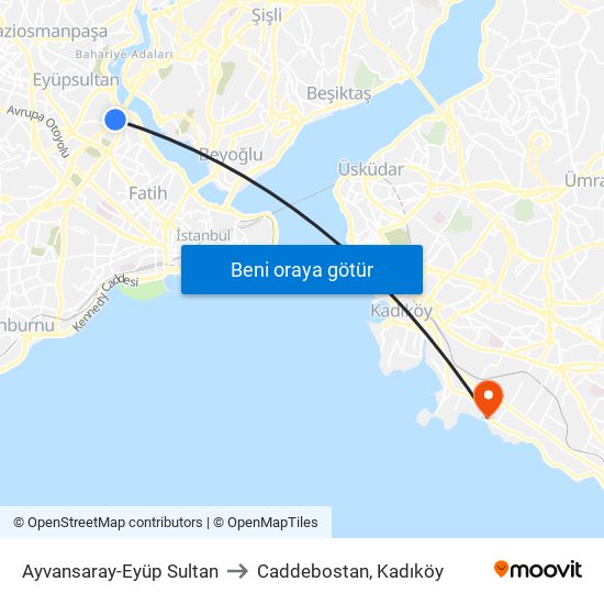 Ayvansaray-Eyüp Sultan to Caddebostan, Kadıköy map