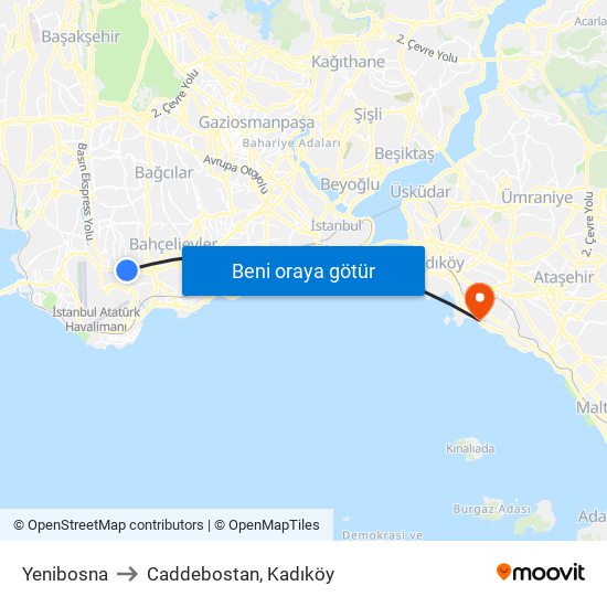 Yenibosna to Caddebostan, Kadıköy map