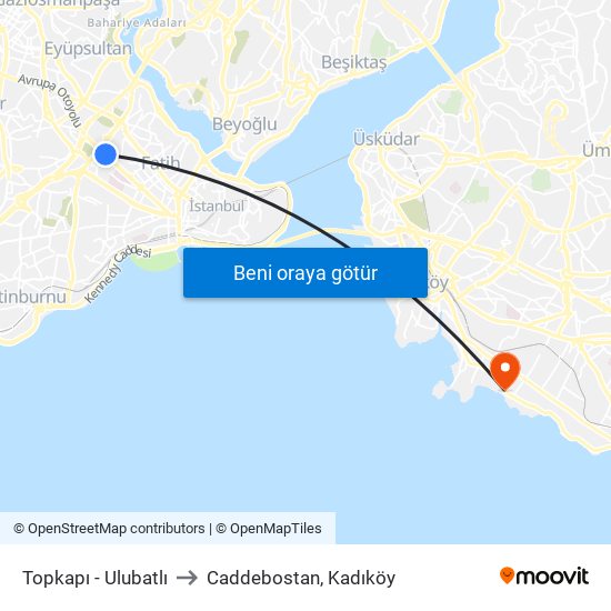 Topkapı - Ulubatlı to Caddebostan, Kadıköy map