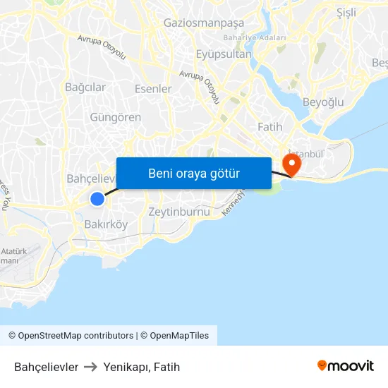 Bahçelievler to Yenikapı, Fatih map