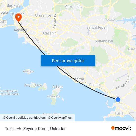 Tuzla to Zeynep Kamil, Üsküdar map
