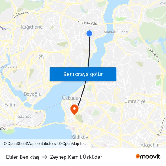 Etiler, Beşiktaş to Zeynep Kamil, Üsküdar map