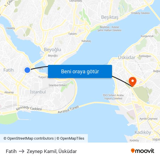 Fatih to Zeynep Kamil, Üsküdar map