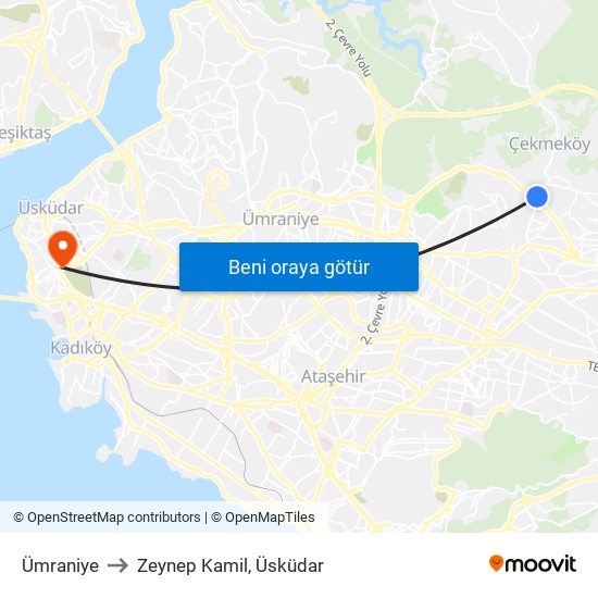 Ümraniye to Zeynep Kamil, Üsküdar map
