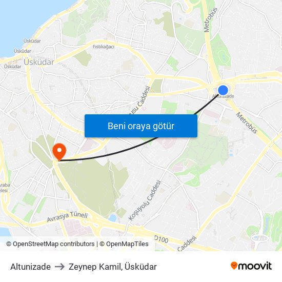 Altunizade to Zeynep Kamil, Üsküdar map