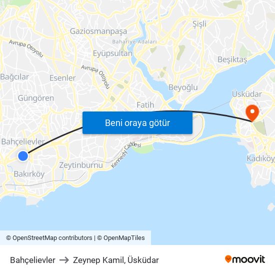 Bahçelievler to Zeynep Kamil, Üsküdar map