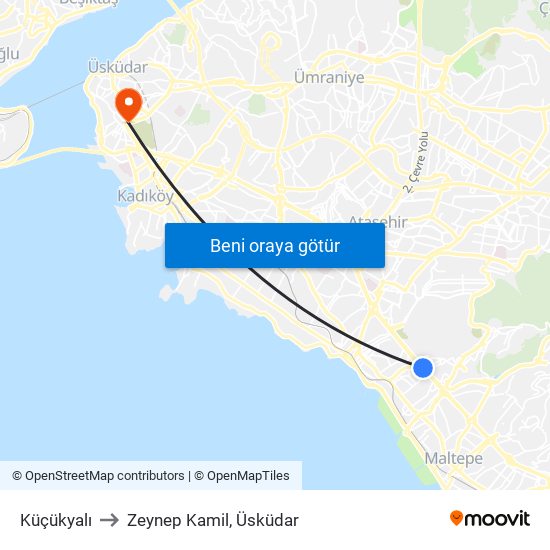 Küçükyalı to Zeynep Kamil, Üsküdar map