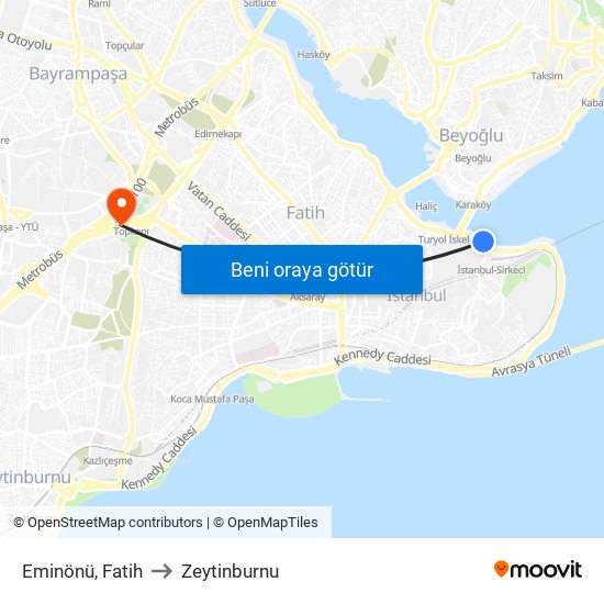Eminönü, Fatih to Zeytinburnu map