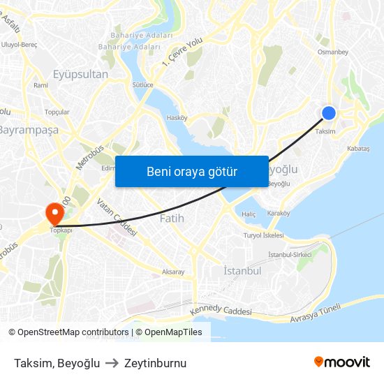 Taksim, Beyoğlu to Zeytinburnu map