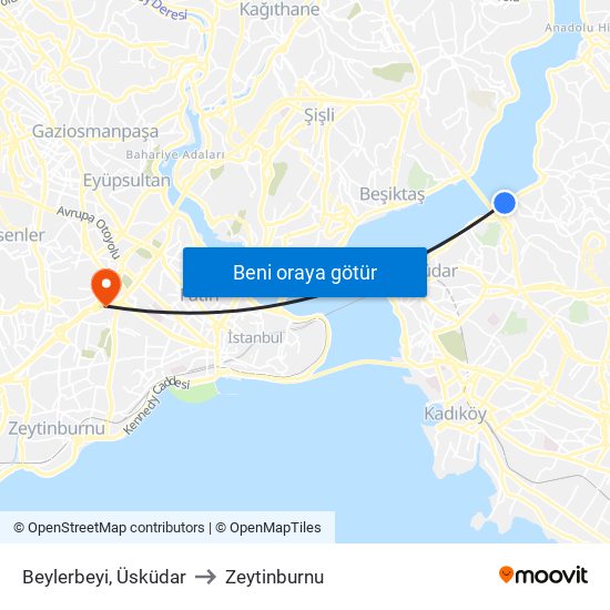 Beylerbeyi, Üsküdar to Zeytinburnu map