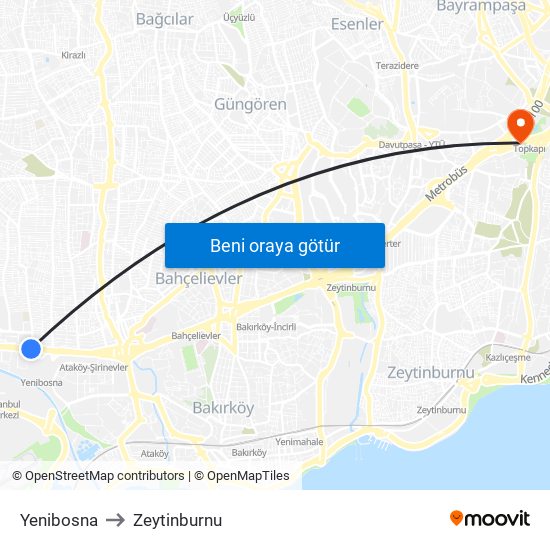 Yenibosna to Zeytinburnu map