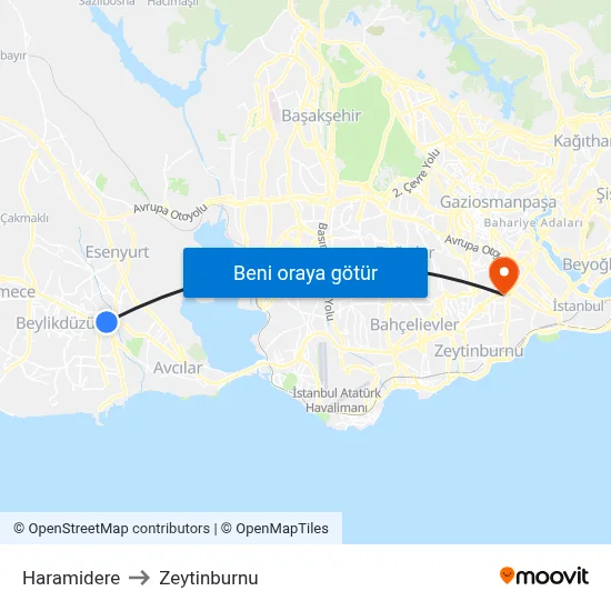 Haramidere to Zeytinburnu map