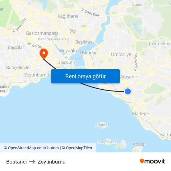 Bostancı to Zeytinburnu map