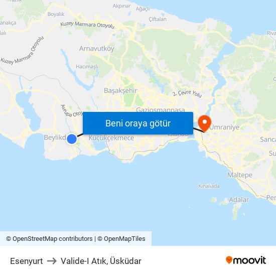 Esenyurt to Valide-I Atık, Üsküdar map