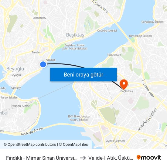 Fındıklı - Mimar Sinan Üniversitesi to Valide-I Atık, Üsküdar map