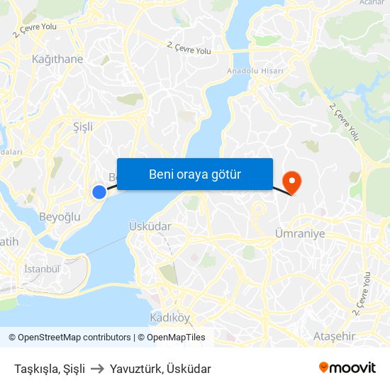 Taşkışla, Şişli to Yavuztürk, Üsküdar map