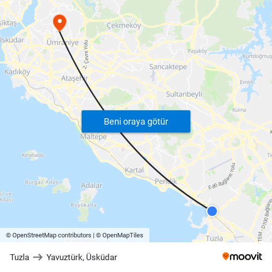 Tuzla to Yavuztürk, Üsküdar map