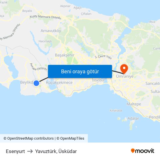 Esenyurt to Yavuztürk, Üsküdar map