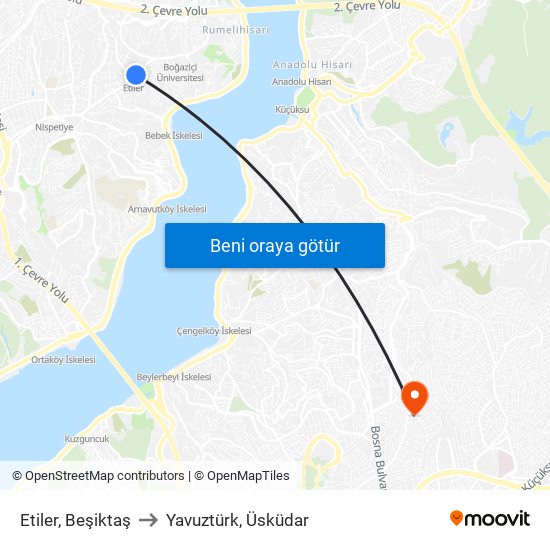 Etiler, Beşiktaş to Yavuztürk, Üsküdar map