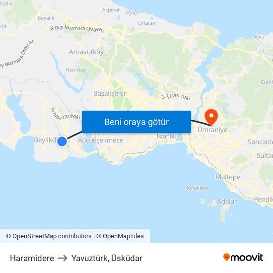 Haramidere to Yavuztürk, Üsküdar map