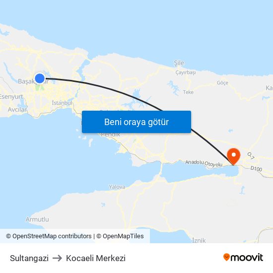 Sultangazi to Kocaeli Merkezi map