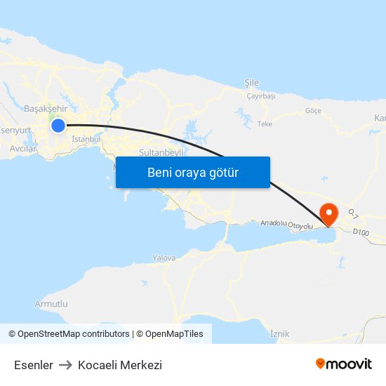 Esenler to Kocaeli Merkezi map