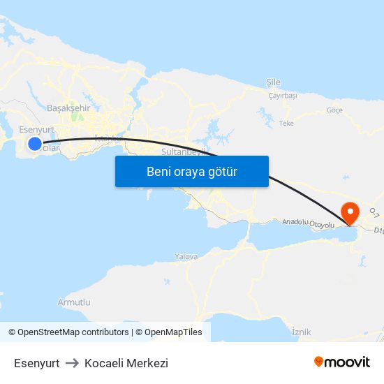 Esenyurt to Kocaeli Merkezi map