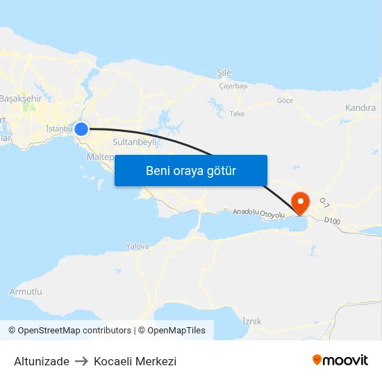 Altunizade to Kocaeli Merkezi map