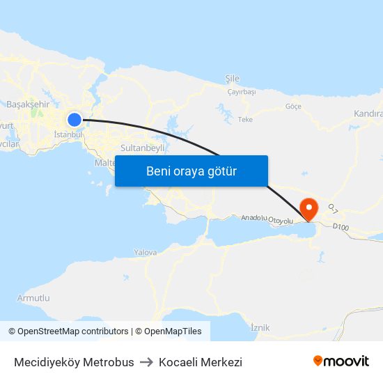 Mecidiyeköy Metrobus to Kocaeli Merkezi map