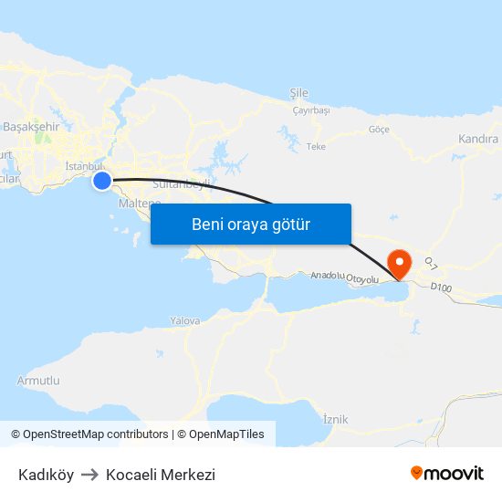 Kadıköy to Kocaeli Merkezi map