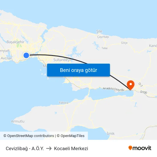 Cevizlibağ - A.Ö.Y. to Kocaeli Merkezi map