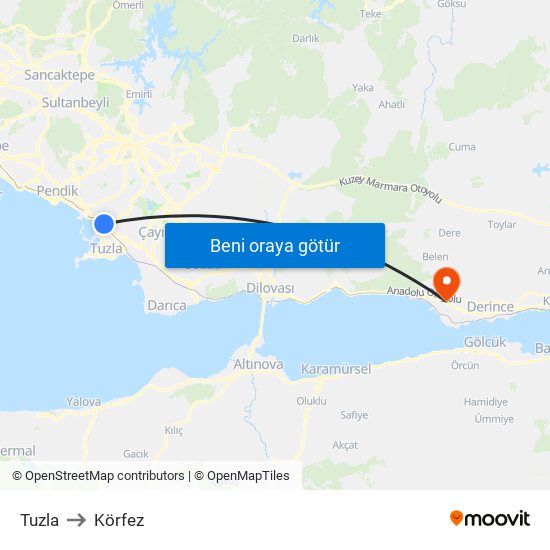 Tuzla to Körfez map