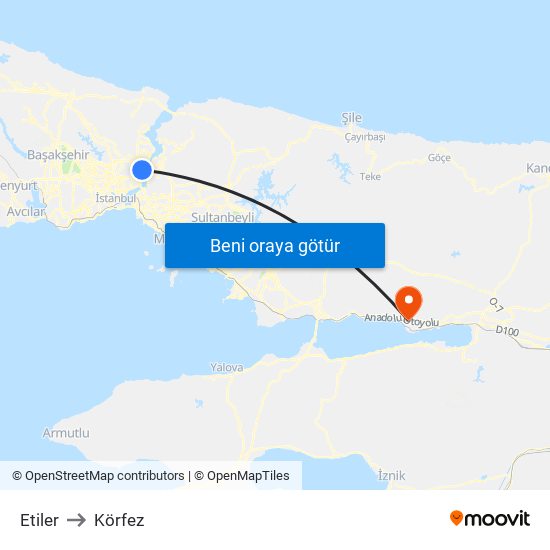 Etiler to Körfez map