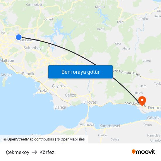 Çekmeköy to Körfez map