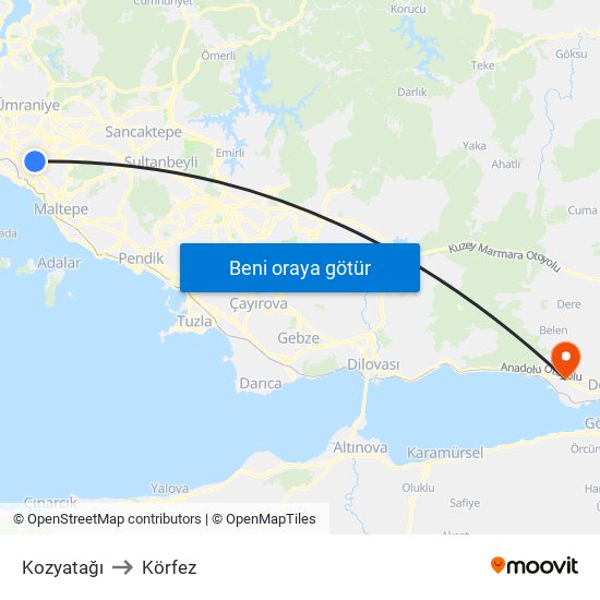 Kozyatağı to Körfez map