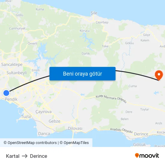 Kartal to Derince map