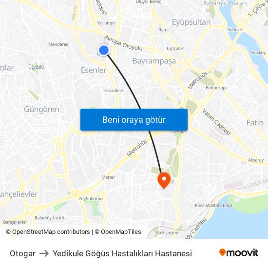 Otogar to Yedikule Göğüs Hastalıkları Hastanesi map